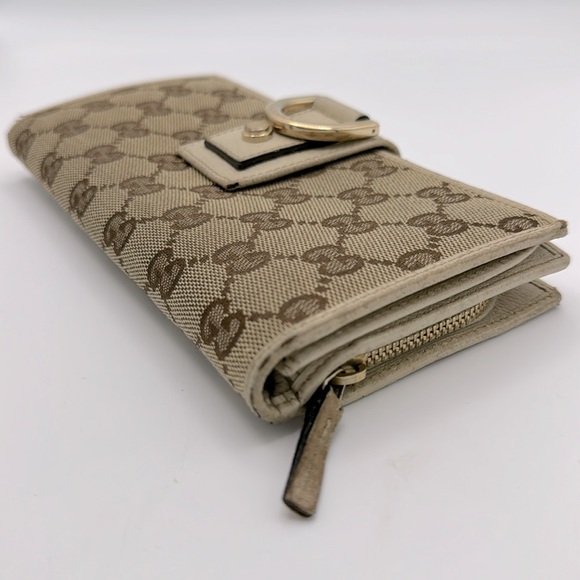 Authentic GUCCI GG Beige Canvas Gold Leather Zip Long Wallet - Picture 6 of 16